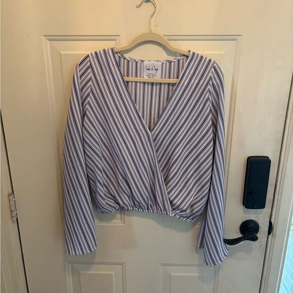 Anthropologie Sadie & Sage White and Blue Wrap Blouse - Picture 2 of 4
